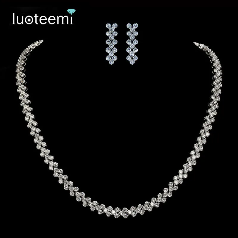 

LUOTEEMI Tops Fashion Luxury Rome 3Rows 2.75mm A AA Cubic Zirconia Earring Necklace Bridal Jewelry Sets For Women