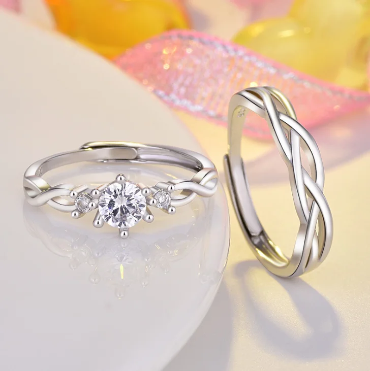 

925 silver simple and sweet unique crystal rhinestone twist knot couple opening ring, Sliver color