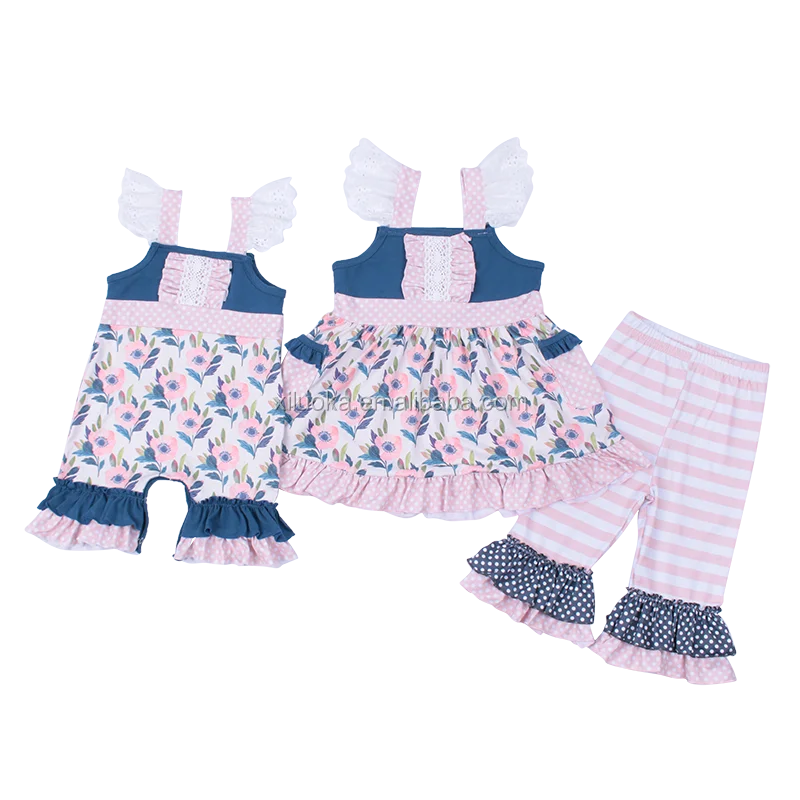 

High Quality Girls Boutique Matching Ruffle Outfits Floral Kids Clothing Sets, Picture