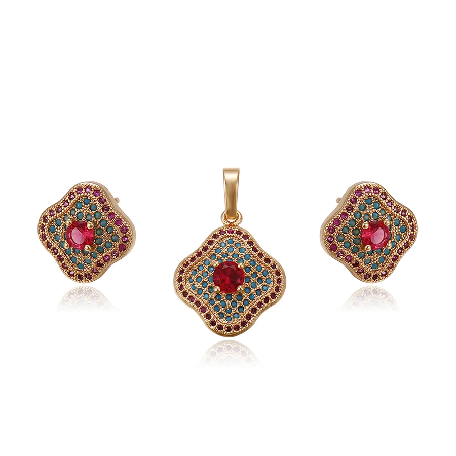

64227 Xuping new products current square shaped 18k gold jewelry set inlaid with big ruby