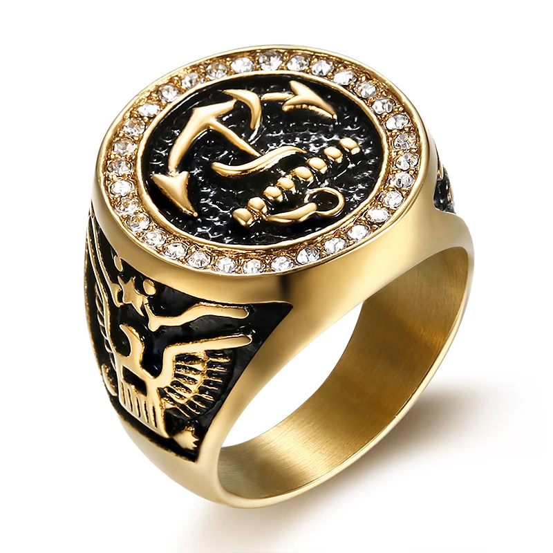 

Punk 316L Stainless Steel Gold Color Eagle Anchor Biker with Clear Zircon Finger Ring for Men Fashion Jewelry