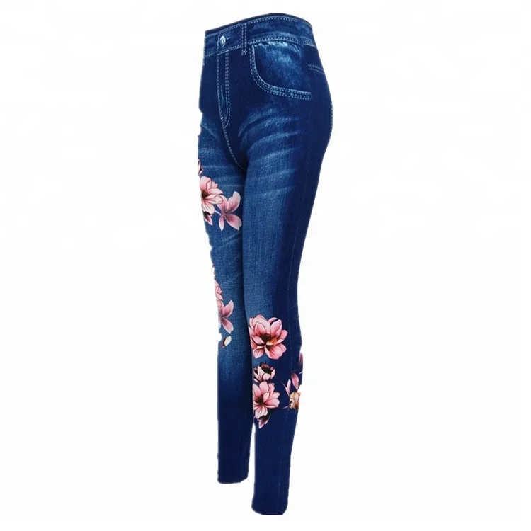 
Womens seamless print flowers sliming jeans legging jegging high elastic denim jean pants 
