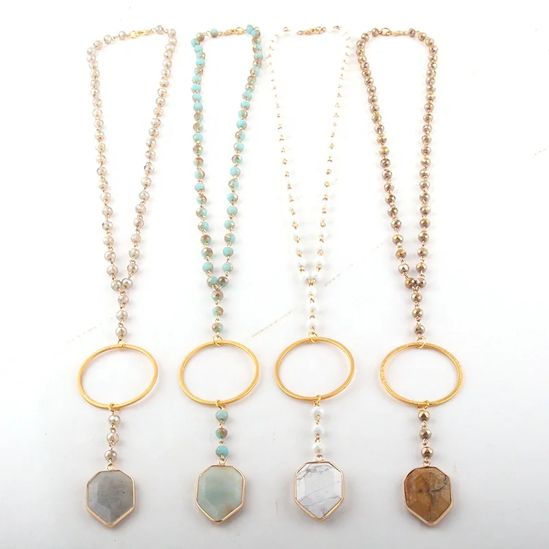 

Women Bohemian Jewelry Short Ethnic Necklace 6mm Crystal Glass Beads Rosary Chain And Stone Pendant Y Necklace