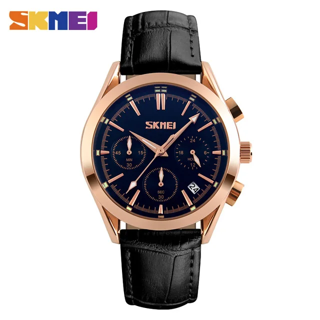 

SKMEI 9127 Luxury Brand Leather Strap Quartz Wrist Watch Fashion Complete Calendar Watches Men, 4 colors to choose