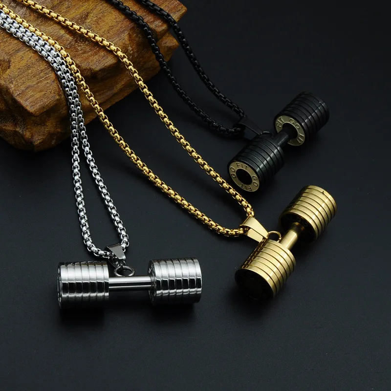 

Wholesale fashion stainless steel Fitness dumbbell pendant necklace black for men