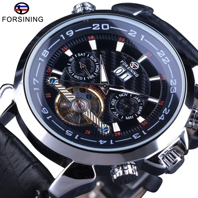 

Forsining Tourbillion Automatic Wrist Watch Calendar Display Genuine Leather Strap Mens Watch Top Brand Luxury Calendar Clock, Black/white