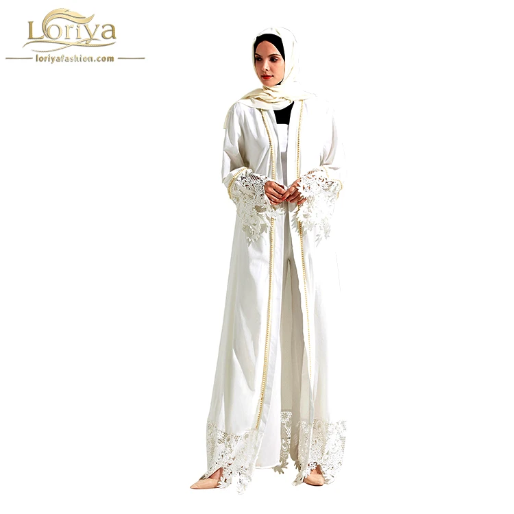 

women Dubia Style Abaya Open Front Lace Sleeve White Pearl Abaya Jilbab Muslim Islamic Maxi Dress