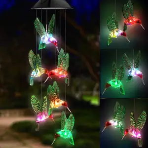 Image of LED Solar Hummingbird Wind Chime, Changing Color Waterproof Six Hummingbird Wind Chimes for Home Party Night Garden Decoration (