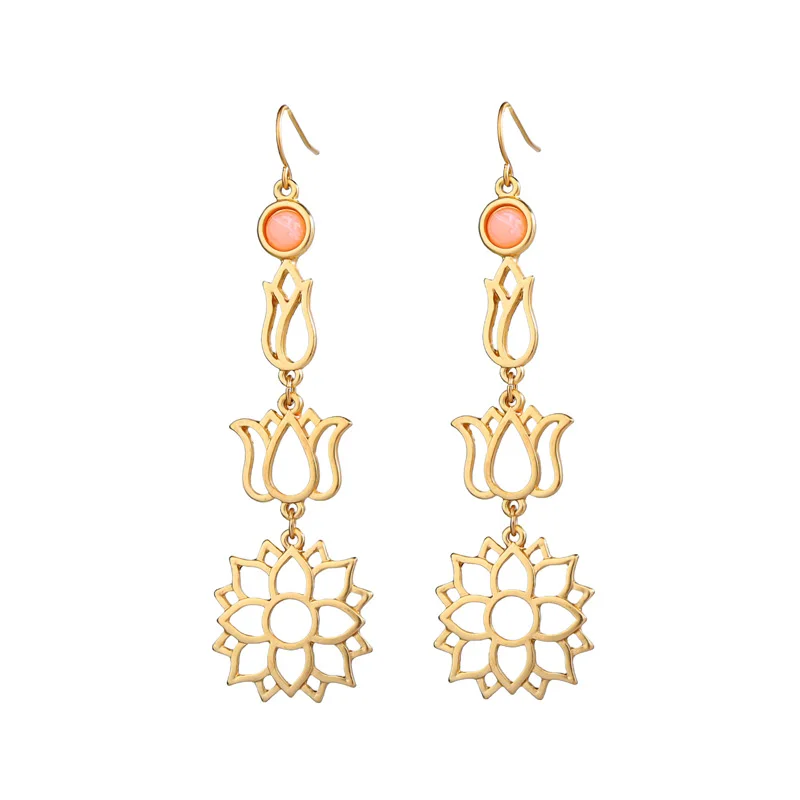 

ed01605c Flower Shape Pendant Real Gold Plated Earrings, As picture