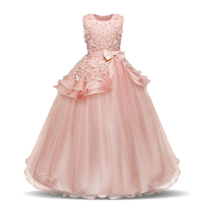 HYC08 Floor-Length Flower Girls Dress Satin Ruffled Fly Sleeves Bowknot Girls Evening Prom Long Birthday Princess Party Dress, As the picture show
