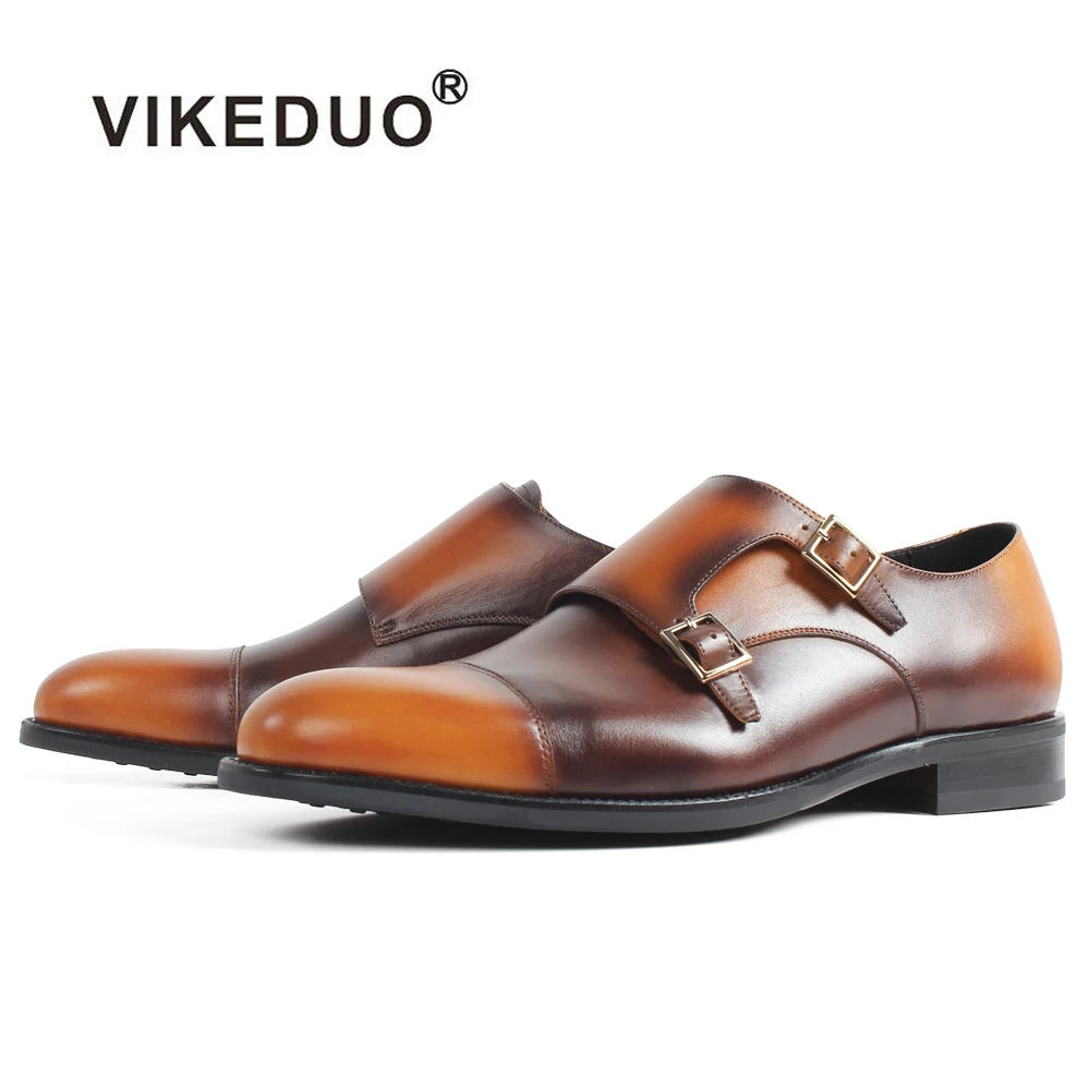 

Vikeduo Hand Made Best Calfskin Monk Straps Ventilation Men Mens Italian Genuine Leather Dress Shoes, Yellowish-brown