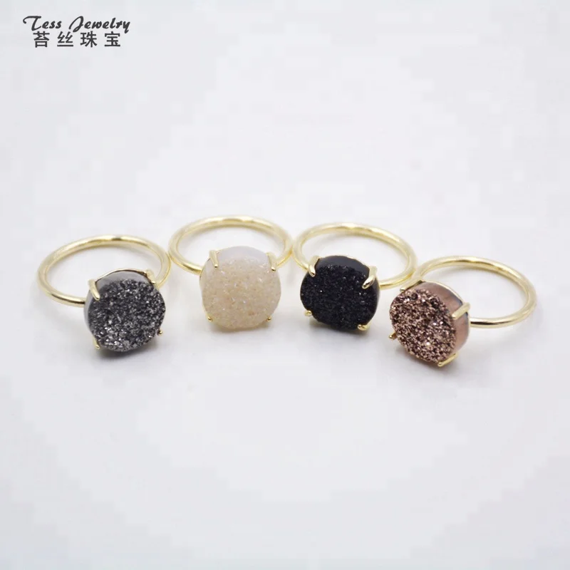 

High Quality 10mm round shape crystal druzy rings champagne titanium agate druzy stone ring gold plated band fashion design