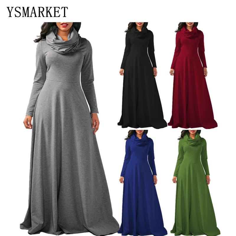 

YSMARKET Autumn Winter Women Maxi Dress Long Sleeve Heap Collar Casual Clothing Solid Fashion Long Dresses E5416