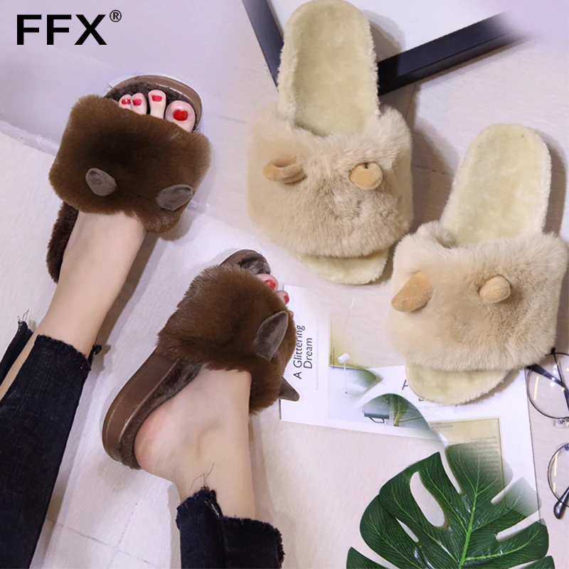 Wholesale Factory Fashion Black Faux Fur Slippers With Rabbit Ear Buy