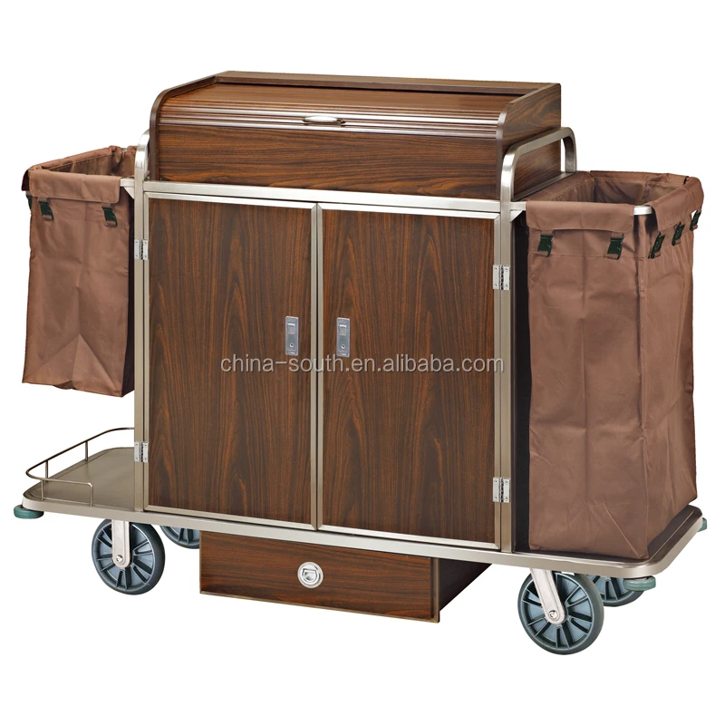 Hot Sale Wood Metal Housekeeping Carts Linen Trolley Service Cart With