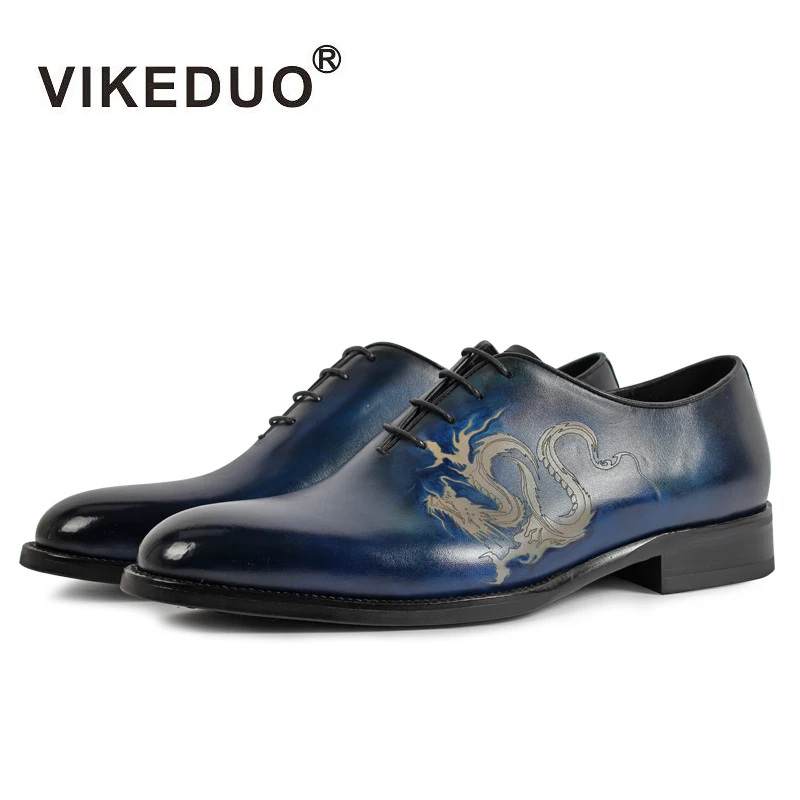 

Vikeduo New Model Pattern Dragon Phoenix Patina Oxfords Leather Dress Shoes Luxury Mens Shoes Brands, Blue