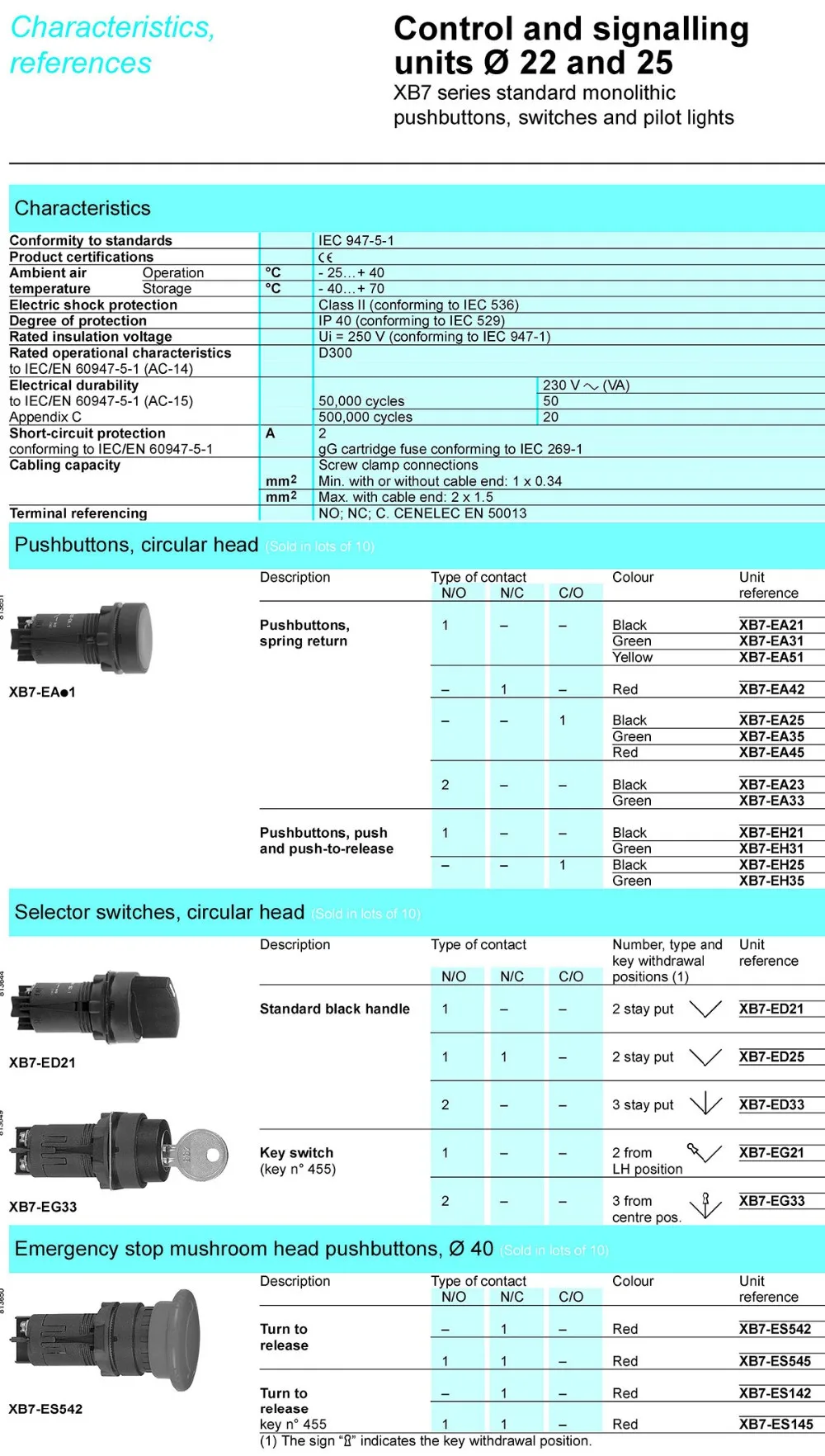 XB7NG21 XB7NG25 XB7NG33 XB7-EG21 1NO XB7NG25 1NO 1NC XB7-EG33 2NO 3 Position XB7 Key Selector Switch