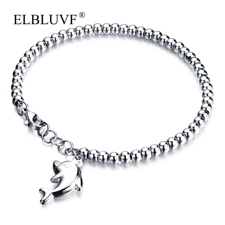 

ELBLUVF Free Shipping Stainless Steel jewelry Ball Chain Cute Dolphin Bracelet For Girls Wholesale, Rose gold , steel color