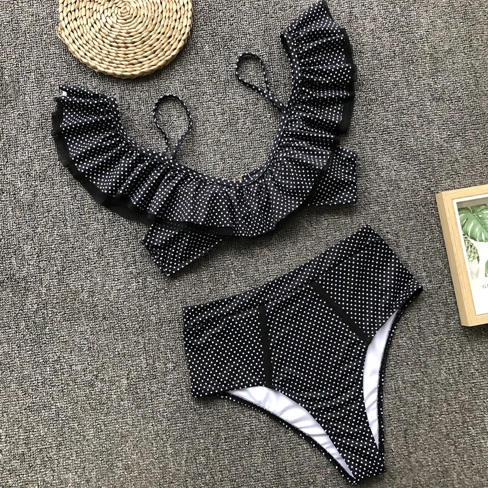 

High Waist Bikini Set 2019 Dots Swimsuit Ruffle Swimwear Sexy Off Shoulder Swimming Suit, Flower