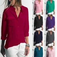 

Women's Fashion Autumn Roll-up Sleeve Splice Stripes Blouse Button Down Shirt Top
