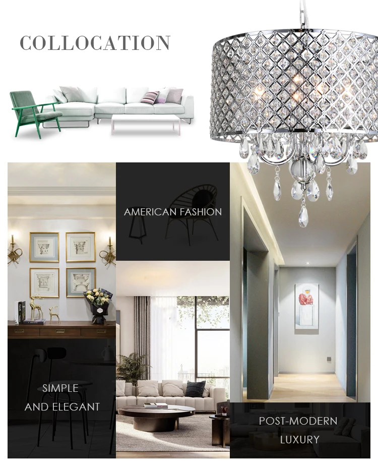 New Galaxy 4-Light Antique chrome Round Metal Shade Crystal Chandelier Pendant Hanging light