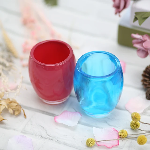 

Custom cheap decorative cylindrical mini colorful clear glass candle jar, Yellow,pink, red, black,etc