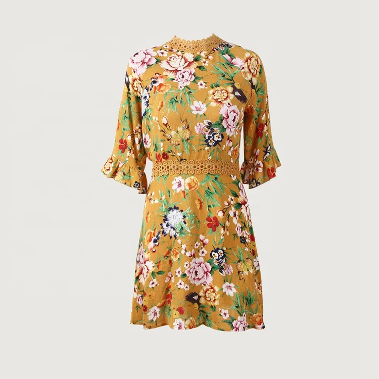 

Silk mini dress short lace floral print lace hem dresses