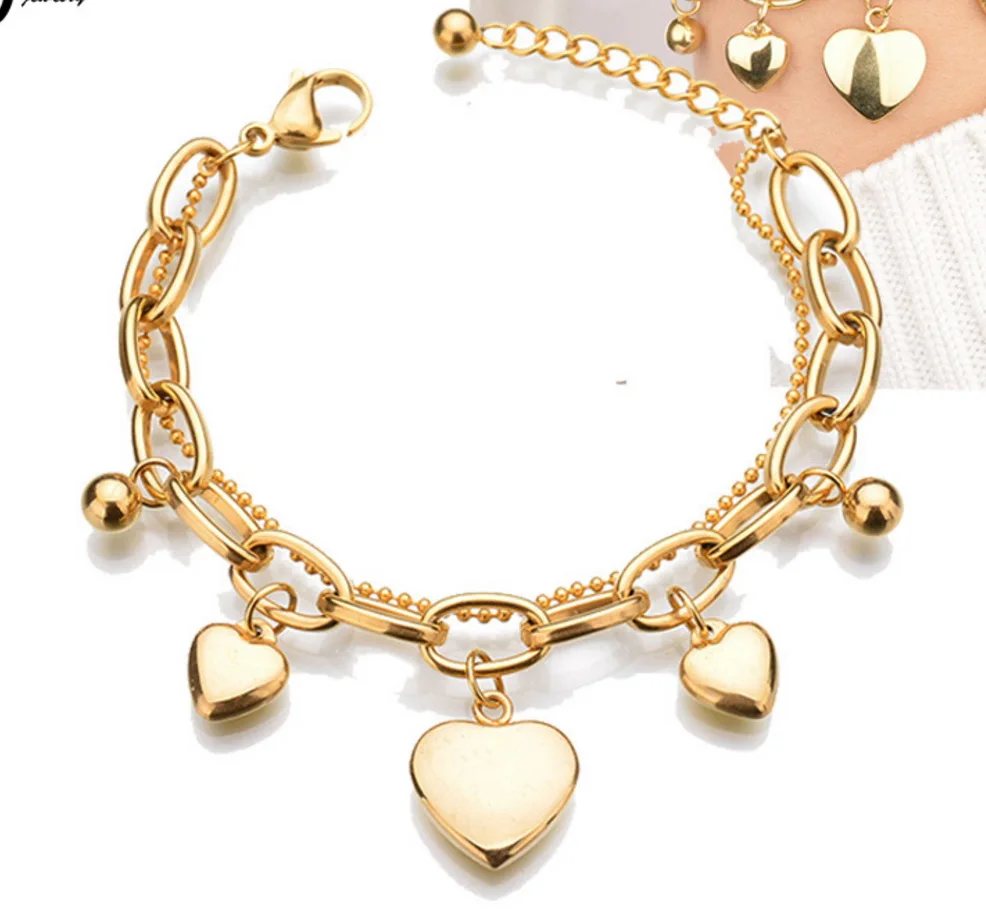 

gold plating manufacturer wholesale custom fashion ladies jewellery 316L stainless steel heart bracelet jewelry SLB039, Gold color