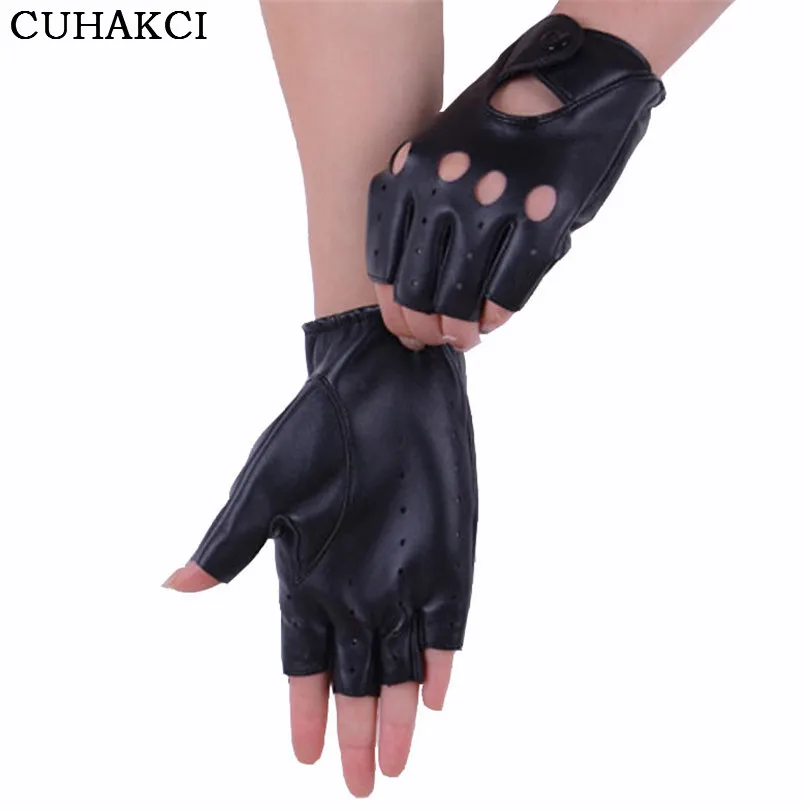 Breathable Half Finger Leather Driving Glove Hole Black Genuine Leather