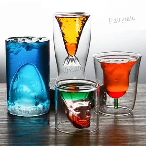 Image of Dual Use Bar Glasses Double Wall Shark Head Shaped Glass Cup Creative Mug Shark Glass