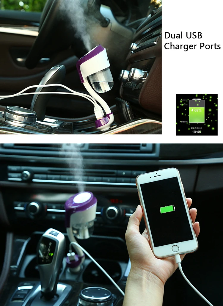 2019 Cool Mist USB Mini Aroma Ultrasonic Air Car humidifier With Dual USB Charger