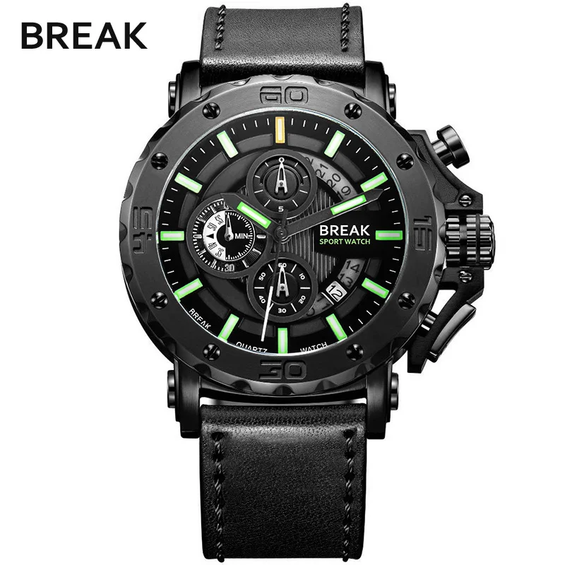 

Break Brand Luxury Men Watches Leather Strap Fashion Luminous Hand Date Clock Waterproof Military Chronograph Quartz Watch Hot