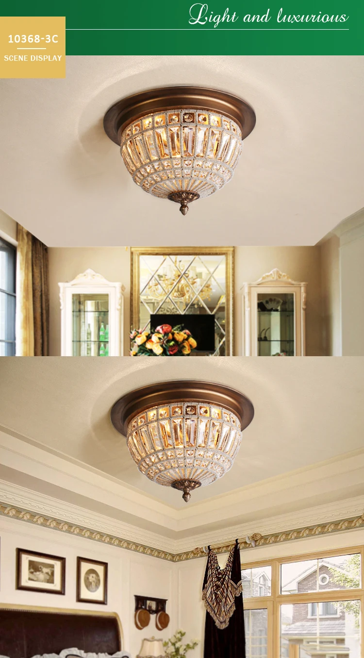 European luxury  golden crystal round iron art restaurant porch ceiling  lamp