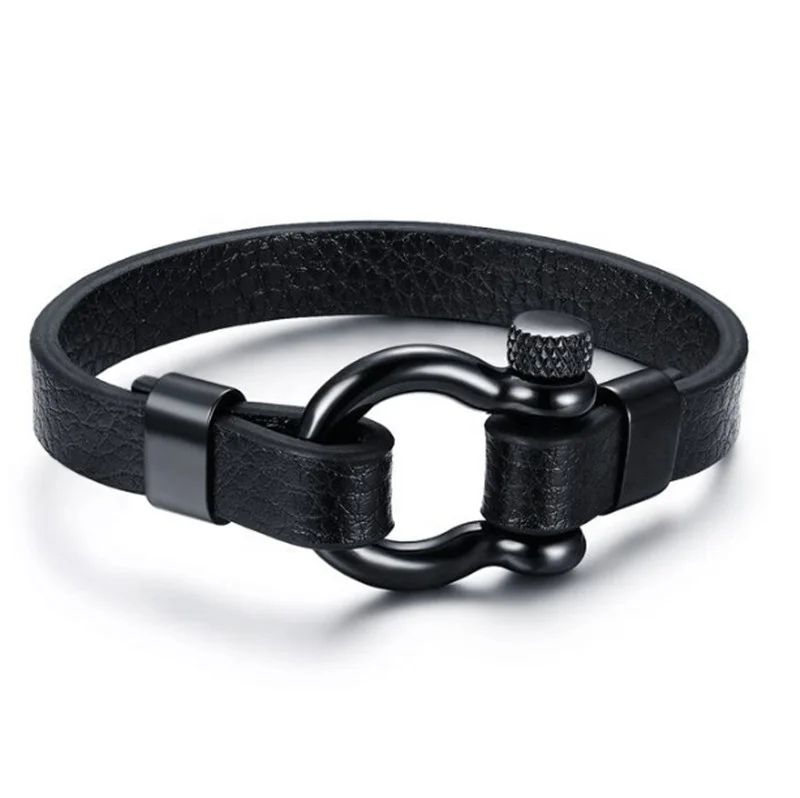 

Mens Bracelets Stainless Steel Screw Anchor Shackles Black Leather Bracelet