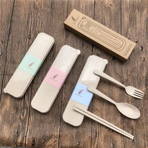 Image of Eco friendly wheat straw tableware set chopsticks spoon fork flatware set with stand