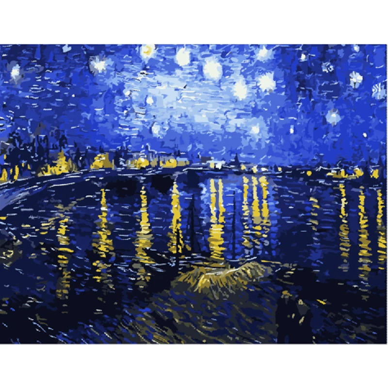 ואן גוך רבייה ציור שמן ליל כוכבים מעל הרון יד צבוע ציור שמן Diy על בד אמנות קיר תמונה