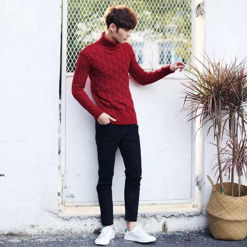 

spring autumn fashion high turtle neck jacquard high quality winter pullover men sweater, Black, navy, red, white