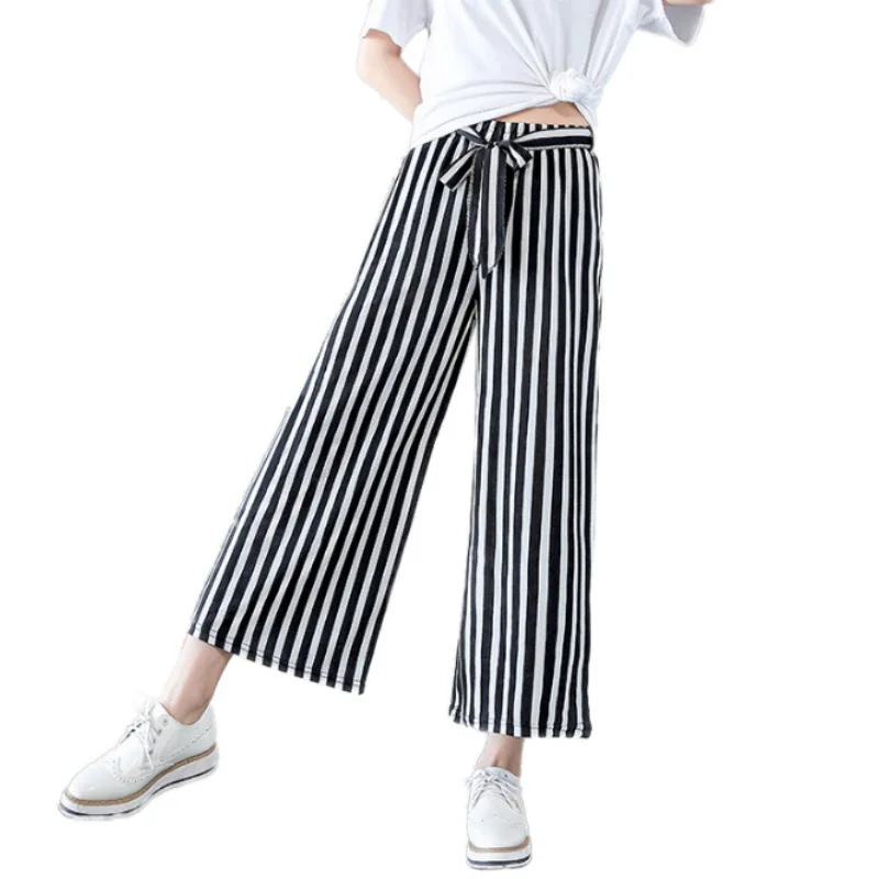 Women New Summer Wide Leg Pants Casual Loose High Elastic Waist Harem Pants Loose Belt Elasticated Striped Trousers