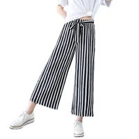 

Women New Summer Wide Leg Pants Casual Loose High Elastic Waist Harem Pants Loose Belt Elasticated Striped Trousers