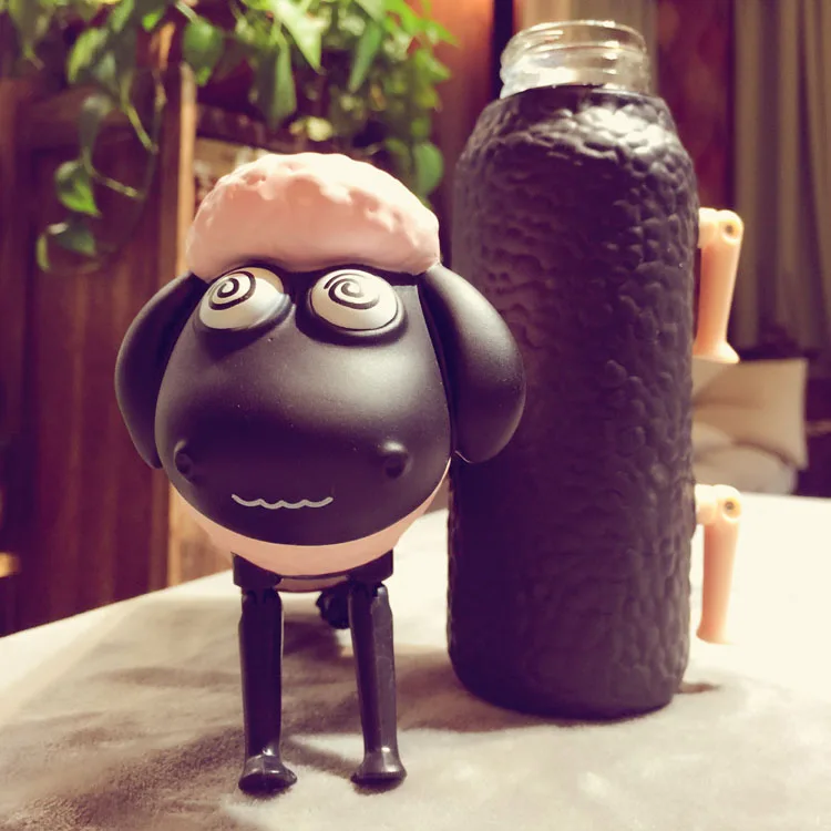 Cartoon Sheep Design Glass Water Bottle with Lids