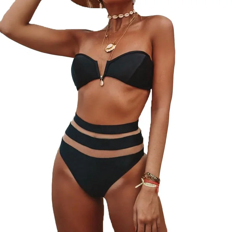 

Two piece girls swimsuit 2019 high Waist bulk woman plain transparent bikini swimwear, White;black