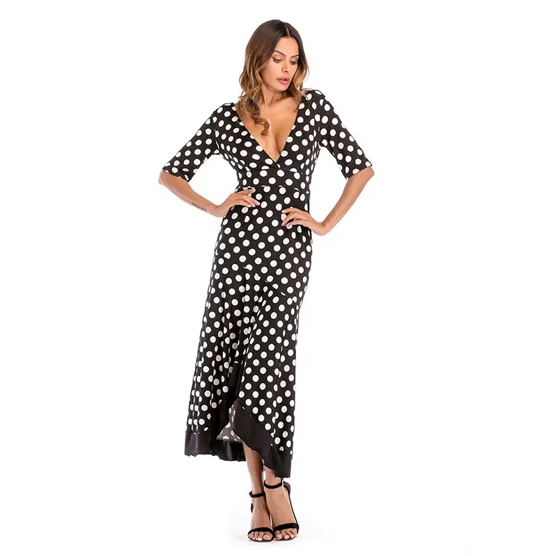 

women half sleeve dot breathable beach dress, Black white