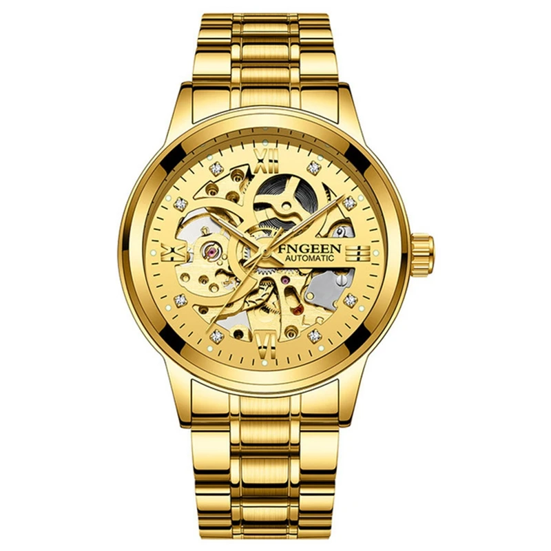 

FNGEEN 6018 Fashion Mechanical Watch Men Skeleton Design Luxury Golden Mesh Strap Waterproof Male Automatic Clock Reloj Hombre
