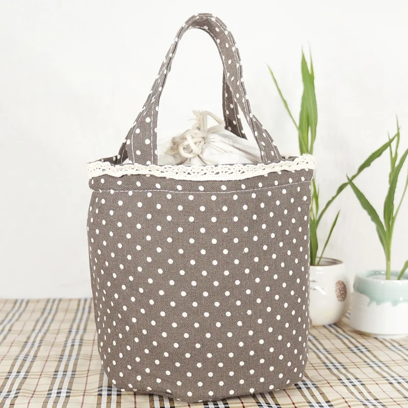 

Rural Design Pink White Dot Cylinder Cotton Cooler Bag, Recycled Washable Round Shape Lunch Bag, Customized color