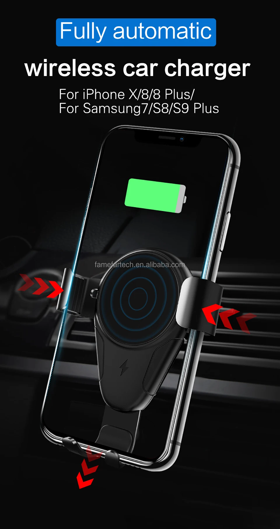Qi Wireless Car Charger Vent Phone Clip Holder Fast Charging High Efficiency Charger for All Qi-enabled Devices