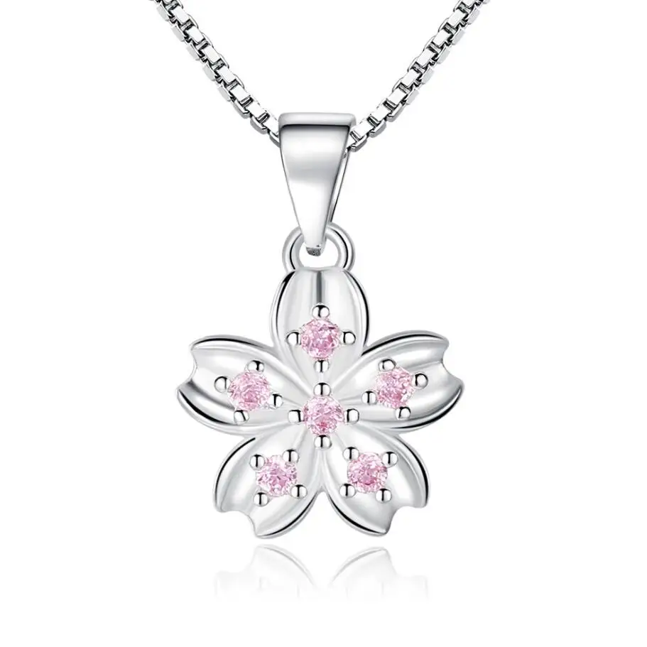 

Cute simple cube zircon sweet spring cherry blossom pendant necklace for women FREE SHIPPING