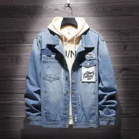 

Broken hole ripped Street wear denim jaket with patch fashion jeans jackets for men