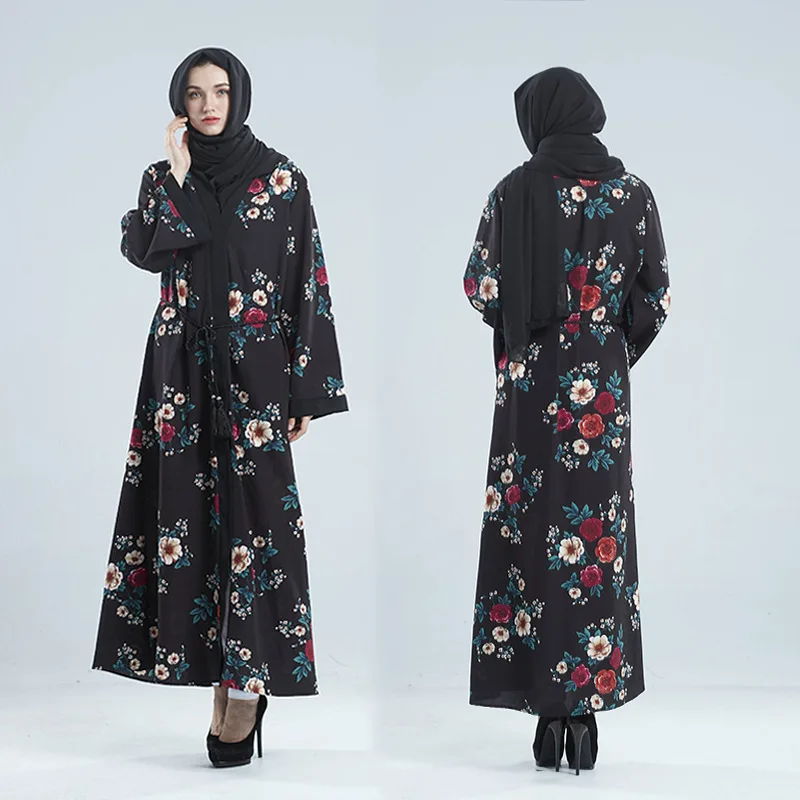 
2018 Wholesale black elengent new floral printed muslim dress umbrella abaya with belt for women manufacturer 