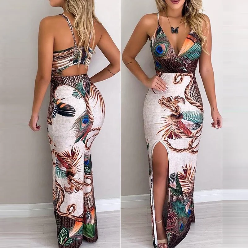 

Cbr Style Peacock Feather Print Thigh Slit Slip Dress Women Maxi Dress