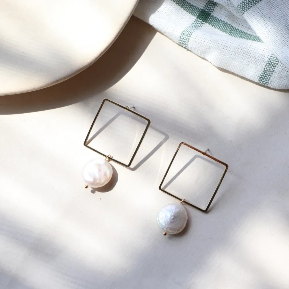 

JUHU Wholesale female gold plated pearl earrings 2019 square shaped geometric drop earrings
